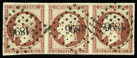 N°17A, 80c carmin Napoléon III, obl. petits chiffres (Marseille), bande de 3, TB