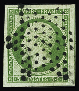 N°12 5c vert Napoléon III, obl. étoile, marges exceptionnelles, TB, R