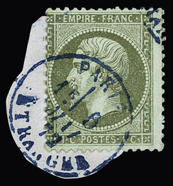 N°19 1c vert-olive, exceptionnel cachet à date bleu Paris étranger 6 mai 72, TB, R