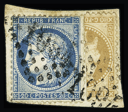 N°28B 10c bistre coupé sur fragment avec n°37 20c bleu Siège obl. GC1094 de Compiègne, Oise, TB, R