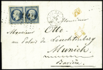 N°10 25c bleu Présidence en paire sur lettre gros points, cad T15 Paris 7 novembre 1853, verso cad Munchen 9 novembre 1853, TB, Certificat Cérès n°8147.