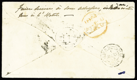 N°10 25c bleu Présidence obl. anglaise taxe 8 au tampon, au verso cad rouge et cad retard du convoi Paris 1 mars 1854, TB