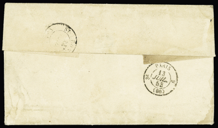 N°10 25c bleu Présidence PC 3537 (Versailles) avec cad T15 Camp de Satory 13 juillet 1853, verso cad Paris même jour, TB, R