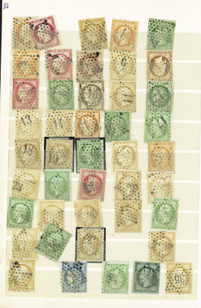 1854-1876, sélection de timbres classiques avec grand panel d'oblitérations, notamment espagnole, OR, "parti sans laisser d'adresse", PD rouge, ASNA, EU (Exposition Universelle), AR, R, CER (en rouge), "non réclamé",