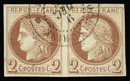 Col. Gén. n°15 2c rouge-brun en paire obl. Cochinchine