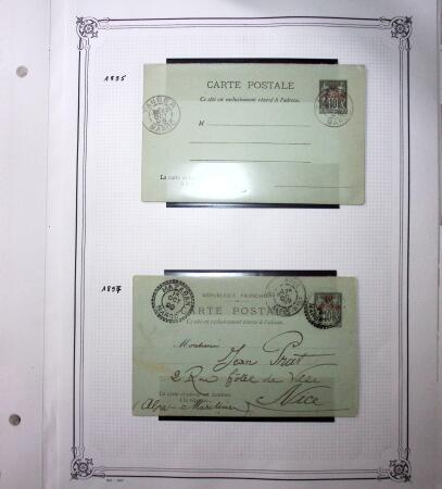 1893-1944, Collection de 58 entiers postaux du Maroc montés sur page, la plupart utilisés, dont cachet "retour à l'expéditeur" nov. 1942 cause débarquement allié, jolie section d'entiers Iris et Pétain avec surtax