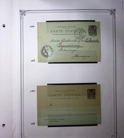 1893-1944, Collection de 58 entiers postaux du Maroc montés sur page, la plupart utilisés, dont cachet "retour à l'expéditeur" nov. 1942 cause débarquement allié, jolie section d'entiers Iris et Pétain avec surtax