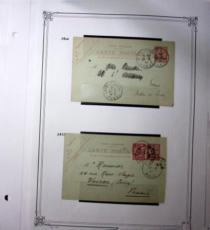 1893-1944, Collection de 58 entiers postaux du Maroc montés sur page, la plupart utilisés, dont cachet "retour à l'expéditeur" nov. 1942 cause débarquement allié, jolie section d'entiers Iris et Pétain avec surtax