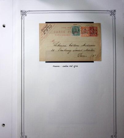 1893-1944, Collection de 58 entiers postaux du Maroc montés sur page, la plupart utilisés, dont cachet "retour à l'expéditeur" nov. 1942 cause débarquement allié, jolie section d'entiers Iris et Pétain avec surtax