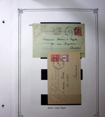 1893-1944, Collection de 58 entiers postaux du Maroc montés sur page, la plupart utilisés, dont cachet "retour à l'expéditeur" nov. 1942 cause débarquement allié, jolie section d'entiers Iris et Pétain avec surtax