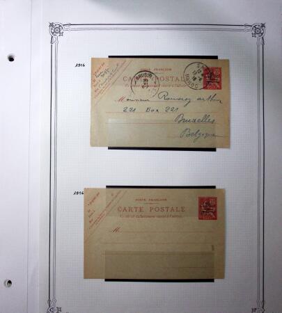 1893-1944, Collection de 58 entiers postaux du Maroc montés sur page, la plupart utilisés, dont cachet "retour à l'expéditeur" nov. 1942 cause débarquement allié, jolie section d'entiers Iris et Pétain avec surtax