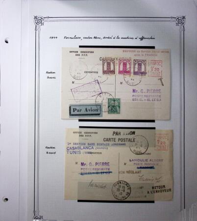 1893-1944, Collection de 58 entiers postaux du Maroc montés sur page, la plupart utilisés, dont cachet "retour à l'expéditeur" nov. 1942 cause débarquement allié, jolie section d'entiers Iris et Pétain avec surtax