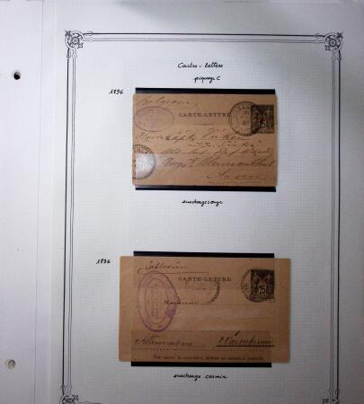 1893-1944, Collection de 58 entiers postaux du Maroc montés sur page, la plupart utilisés, dont cachet "retour à l'expéditeur" nov. 1942 cause débarquement allié, jolie section d'entiers Iris et Pétain avec surtax