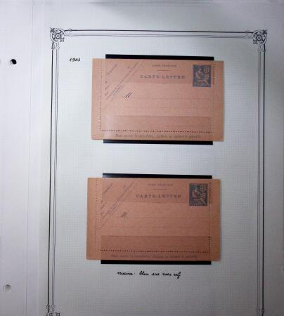 1893-1944, Collection de 58 entiers postaux du Maroc montés sur page, la plupart utilisés, dont cachet "retour à l'expéditeur" nov. 1942 cause débarquement allié, jolie section d'entiers Iris et Pétain avec surtax