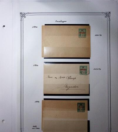 1893-1944, Collection de 58 entiers postaux du Maroc montés sur page, la plupart utilisés, dont cachet "retour à l'expéditeur" nov. 1942 cause débarquement allié, jolie section d'entiers Iris et Pétain avec surtax