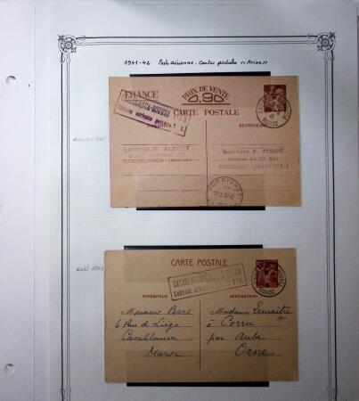 1893-1944, Collection de 58 entiers postaux du Maroc montés sur page, la plupart utilisés, dont cachet "retour à l'expéditeur" nov. 1942 cause débarquement allié, jolie section d'entiers Iris et Pétain avec surtax