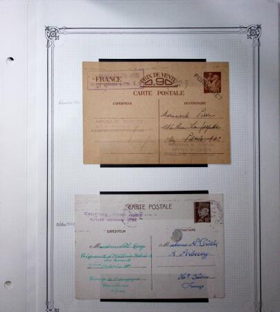 1893-1944, Collection de 58 entiers postaux du Maroc montés sur page, la plupart utilisés, dont cachet "retour à l'expéditeur" nov. 1942 cause débarquement allié, jolie section d'entiers Iris et Pétain avec surtax