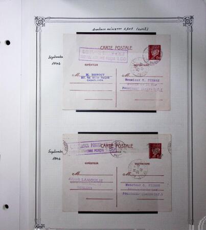 1893-1944, Collection de 58 entiers postaux du Maroc montés sur page, la plupart utilisés, dont cachet "retour à l'expéditeur" nov. 1942 cause débarquement allié, jolie section d'entiers Iris et Pétain avec surtax