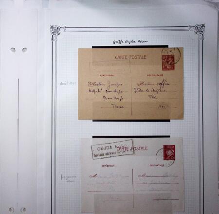 1893-1944, Collection de 58 entiers postaux du Maroc montés sur page, la plupart utilisés, dont cachet "retour à l'expéditeur" nov. 1942 cause débarquement allié, jolie section d'entiers Iris et Pétain avec surtax