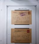 1893-1944, Collection de 58 entiers postaux du Maroc montés sur page, la plupart utilisés, dont cachet "retour à l'expéditeur" nov. 1942 cause débarquement allié, jolie section d'entiers Iris et Pétain avec surtax