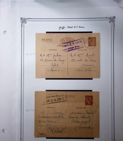 1893-1944, Collection de 58 entiers postaux du Maroc montés sur page, la plupart utilisés, dont cachet "retour à l'expéditeur" nov. 1942 cause débarquement allié, jolie section d'entiers Iris et Pétain avec surtax