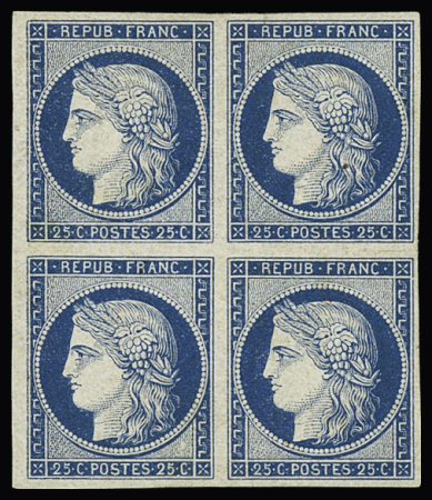 N°4 25c bleu en bloc de 4, neuf *, TB, R. Signé A.Brun,