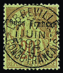 N°3 20c brique sur vert Colonies Françaises surchargé 5c COngo français, obl, Cad T84 Libreville, TB