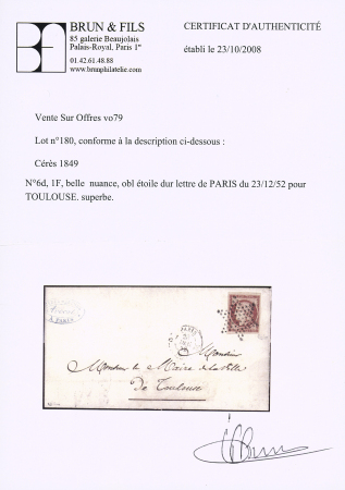 N°6d 1f carmin cerise, rare nuance, bien margé, obl.
