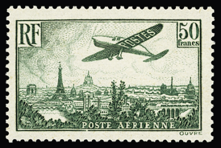 N°14b 50f vert foncé, Avion survolant Paris, neuf