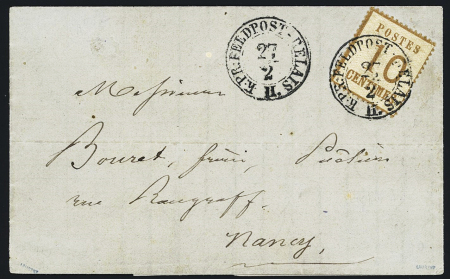 Alsace n°5 OBL CAD rond "K. PR feldpost-relais II" (25 fev 71) sur lettre de Luneville avec CAD T17 de Nancy en arrivée. TB