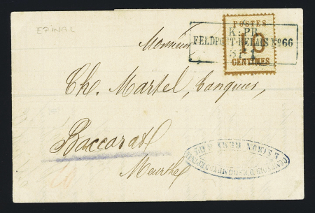 Alsace n°5 OBL CAD rect "K.PR feldpost-relais n°66 (30 janvier 1871) sur lettre porur Baccarat. TB