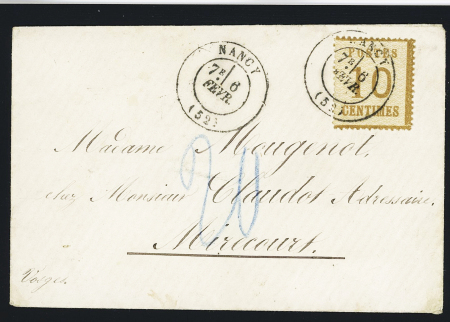 Alsace n°5 OBL CAD T17 "Nancy" (6 fev- sans le millésime 71) sur lettre pour Mirecourt avec taxe allemande 20 au  rayon bleu. TB
