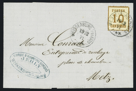 Alsace n°5 OBL CAD "Weissenburg i Elsass" (29.12.71) sur lettre avec au verso CAD d'arrivée T17 Metz. TB