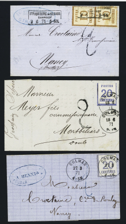 13 lettres diverses majorité Alsace-Lorraine dont 3 AFF Alsace n°6 OBL CAD "Colmar" (1871). TB