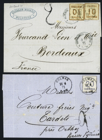 13 lettres diverses majorité Alsace-Lorraine dont 3 AFF Alsace n°6 OBL CAD "Colmar" (1871). TB