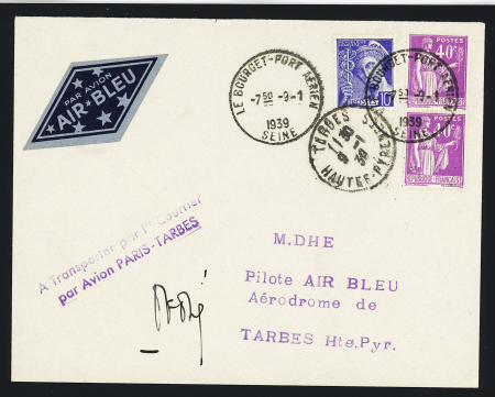N°189 + 307 OBL Nice RP (16.2.38) sur lettre pour Paris avec cachet rect rouge 1ère liaison Paris - Nice et signature du pilote Vanier et n°281 en paire + 407 OBL horoplan "Le Bourget port-aérien" (9.1.1939) sur lett