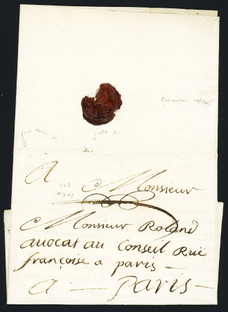 Lettre de Rochefort (oct 1745) avec au recto petite marque en relief presqu'à sec "port payé" (non signalé, prendra le n°13 chez Lenain) + paraphe manuscrit de port payé et au verso petite MP "de Rochefort (M n°4, 