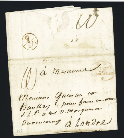 Lettre du 24 fev 1767 avec port payé ovale rouge orné "Port Payé de la Rochelle" (L n°14) + chiffre taxe manuscrit "W" au recto et au verso adressée à Londres avec au verso marque rouge anglaise "MR 6". Certificat