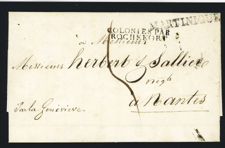 Lettre de Saint-Pierre de la Martinique pour Nantes avec MP "Martinique" et marque d'entrée "Colonies par Rochefort" (1823 - Salles n°67), ind 18. TB