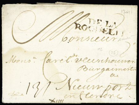 Lettre avec MP "De la Rochelle" (1701 - L n°2) pour Nieuwport en Flandre (Belgique), ind 25. TB