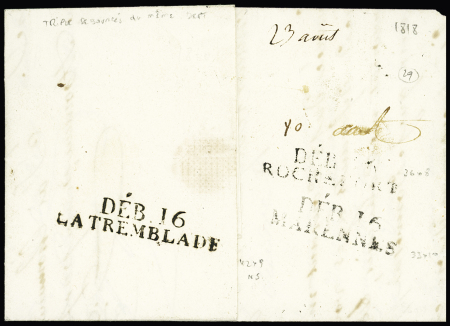 Lettre de 1818 avec triple déboursé "Deb 16 Rochefort", "Deb 16 Marennes" et "Deb 16 la Tremblade" (ind 24 pour le deb 16 la Tremblade signalé comme possible mais non vu par Pothion), association axceptionnelle, ind 2