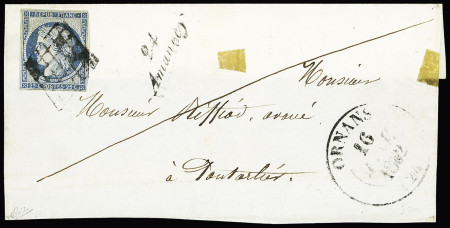 N°4 OBL grille + cursive "24 Amancey" + T13 Ornans (1852) sur devant de lettre avec rabat, ind 23. TB