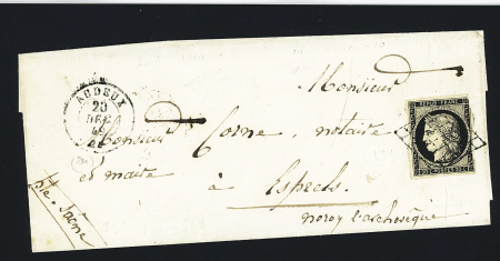 Audeux : N°3 (LD) OBL grille + T15 Audeux (1849) sur lettre avec au verso cursive "69 Esprels", ind 19. TB