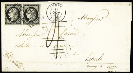 N°3 en paire OBL grille + T15 Audeux (11 oct 49) sur lettre avec taxe 4 manuscrite rayée, signée JF Brun, ind 19 ++. TB