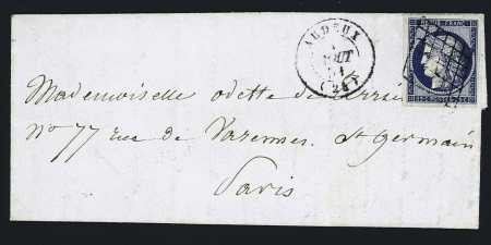 N°4 OBL grille + T15 Audeux (1851) sur lettre, ind 17. TB