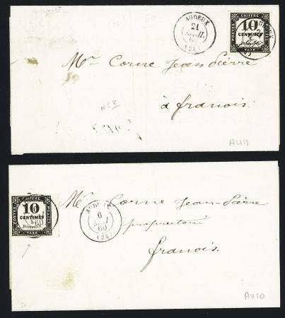2 lettres avec timbre-taxe n°2 OBL T15 Audeux (21 avril et 6 mai 1860). TB