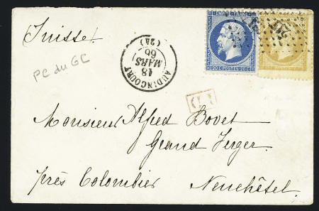 N°21 + 22 OBL PC du GC 217 ° T15 Audincourt (1866) sur lettre pour la Suisse. Ind 13. TB