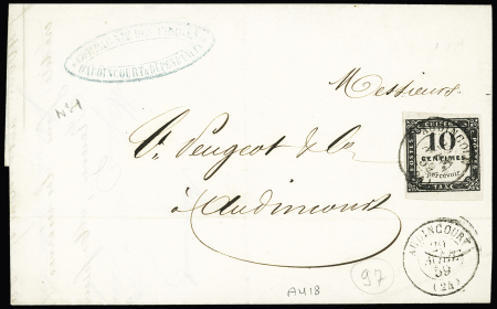 Timbre-taxe n°1, 10c lithographié, OBL CAD T15 Audincourt (1859) répété à côté sur lettre pour la société Peugeot. Rare et TB