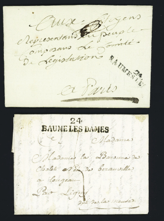 2 lettres : "24 Baumes les" (1795 - nom révolutionnaire ind 18) et "24 Baume les Dames" (1823 - ind 7). TB