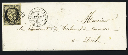 N°3 OBL grille + T15 Baume les Dames (1850) sur lettre, ind 16. TB